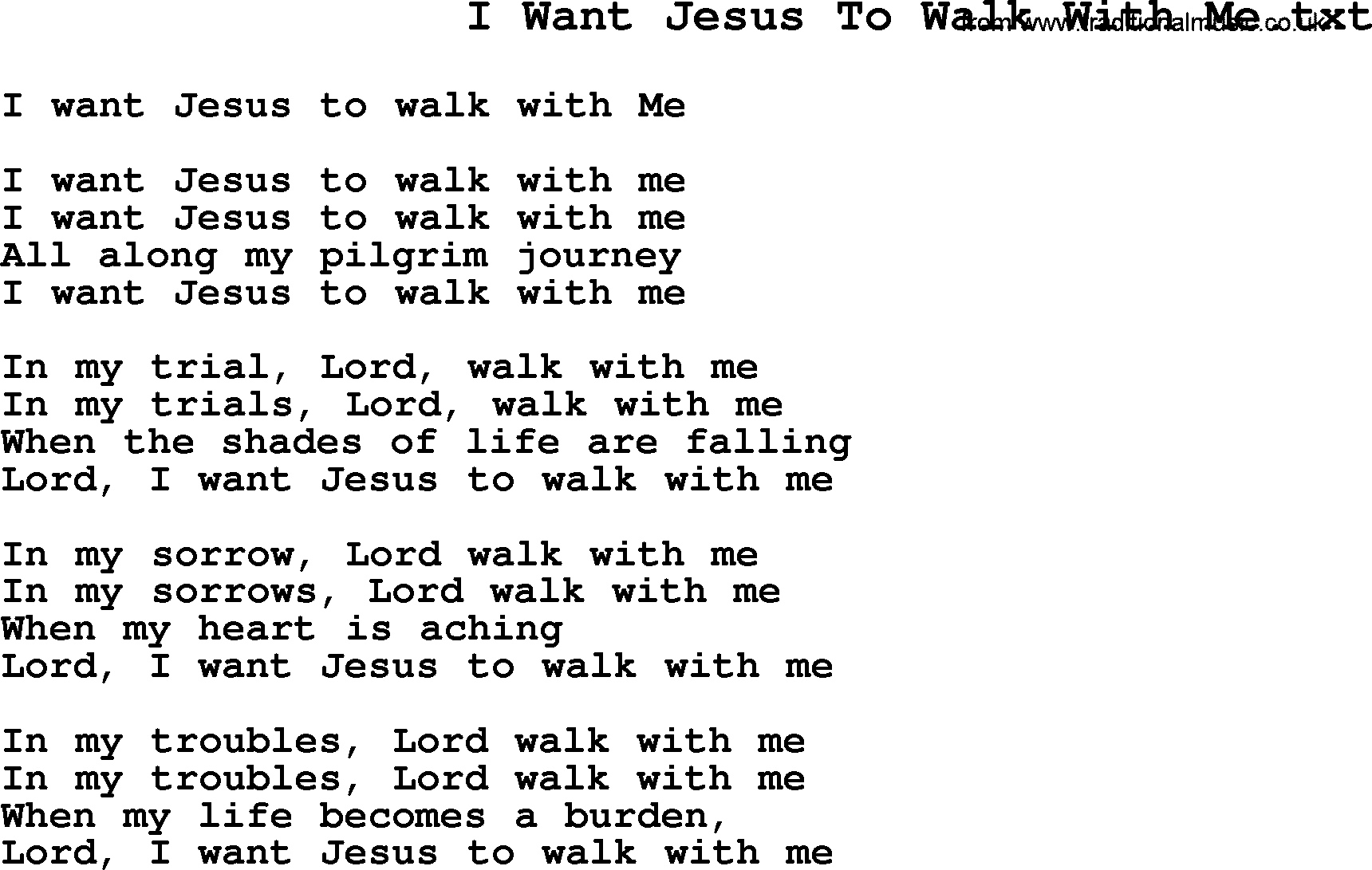 Negro Spiritual/Slave Song Lyrics for I Want Jesus To Walk With Me