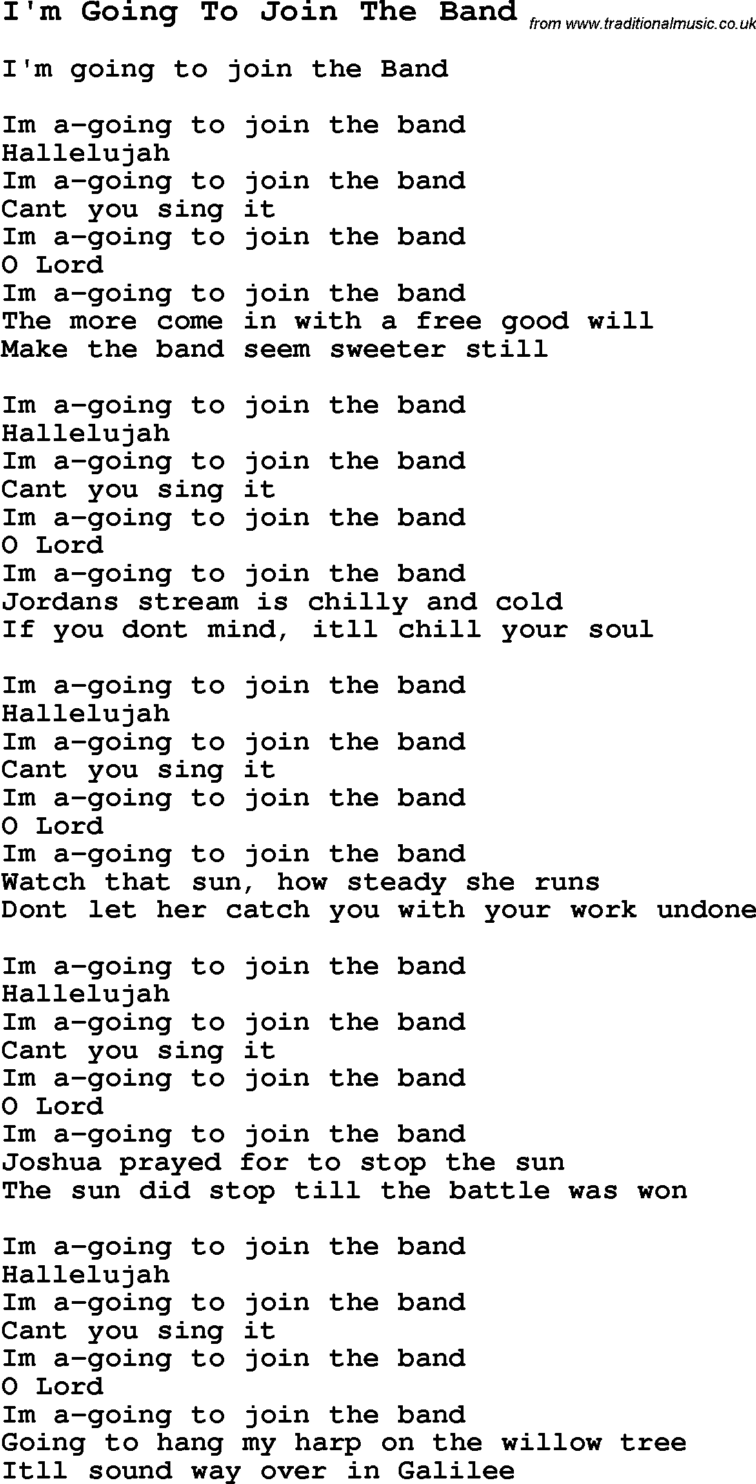 Negro Spiritual Song Lyrics for I'm Going To Join The Band