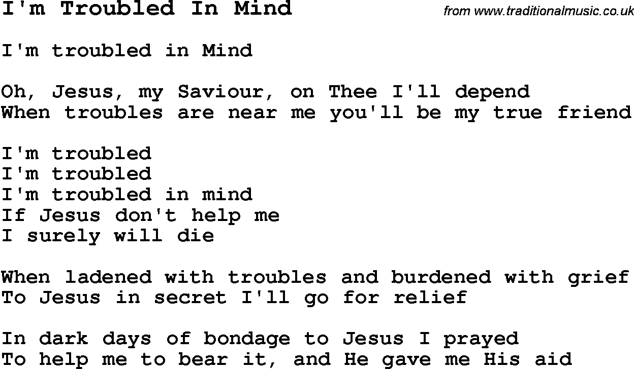 Negro Spiritual Song Lyrics for I'm Troubled In Mind