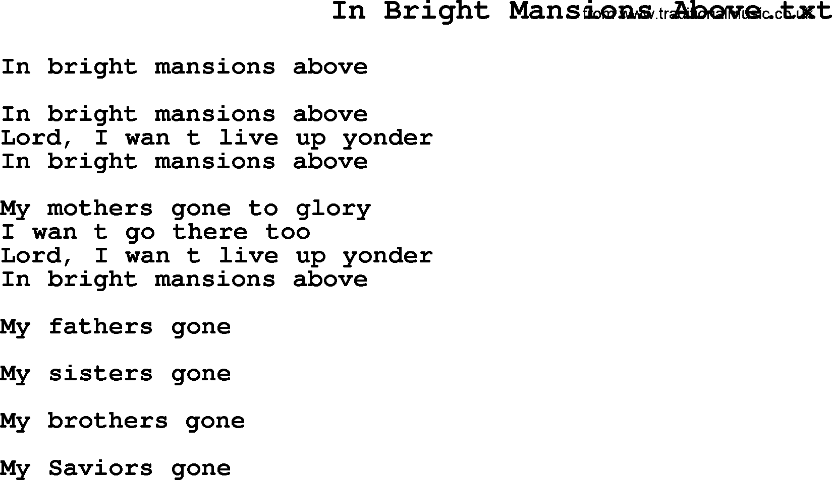 Negro Spiritual Song Lyrics for In Bright Mansions Above
