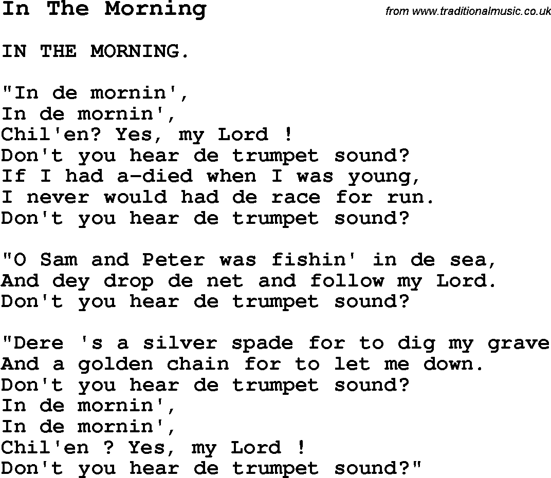 Negro Spiritual Song Lyrics for In The Morning