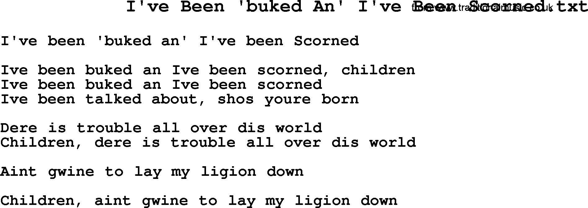 Negro Spiritual Song Lyrics for I've Been 'buked An' I've Been Scorned