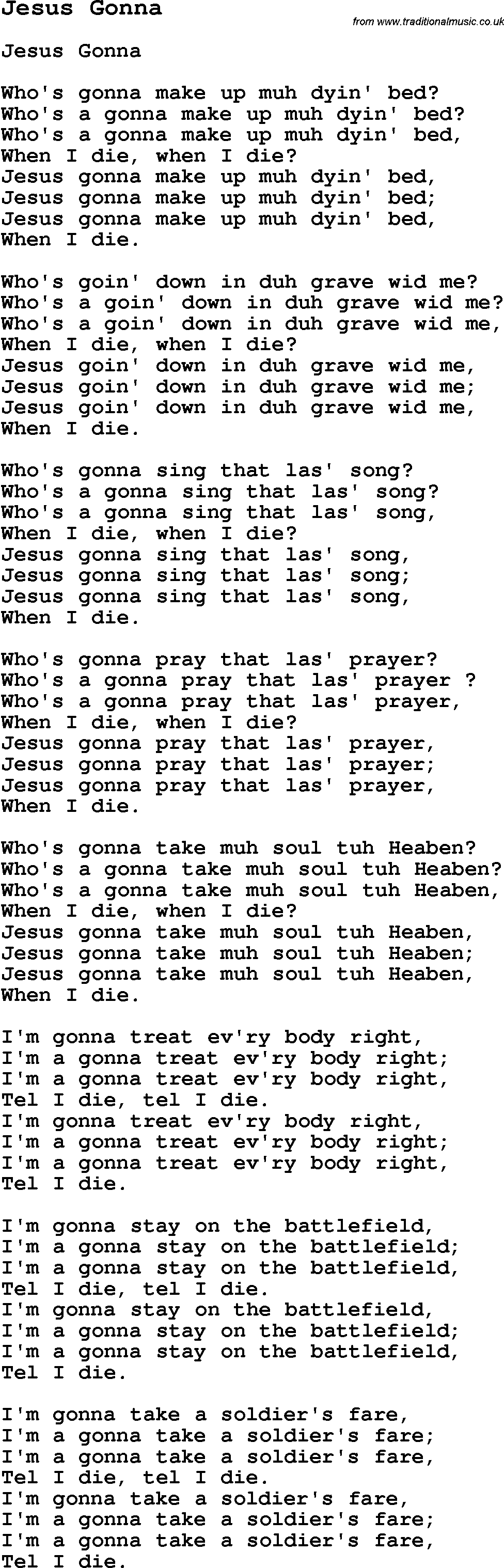 Negro Spiritual Song Lyrics for Jesus Gonna