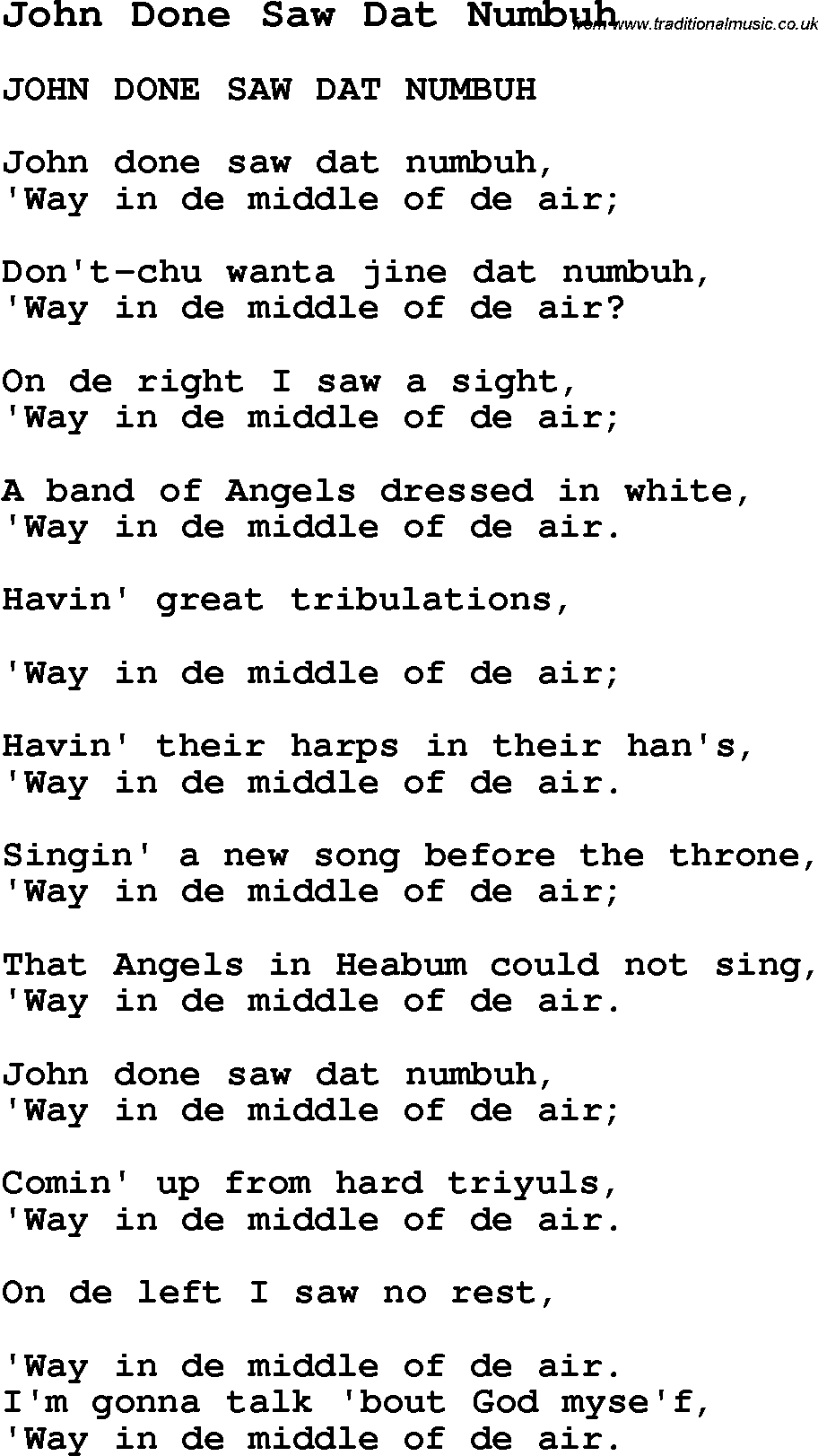 Negro Spiritual Song Lyrics for John Done Saw Dat Numbuh