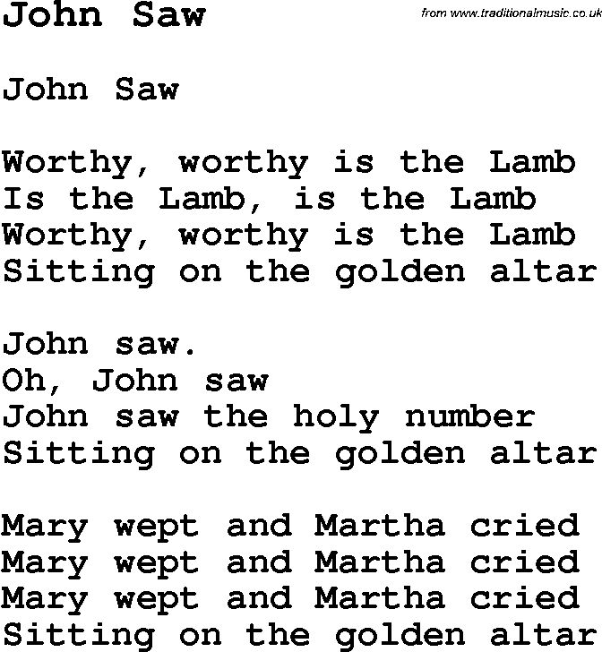 Negro Spiritual Song Lyrics for John Saw