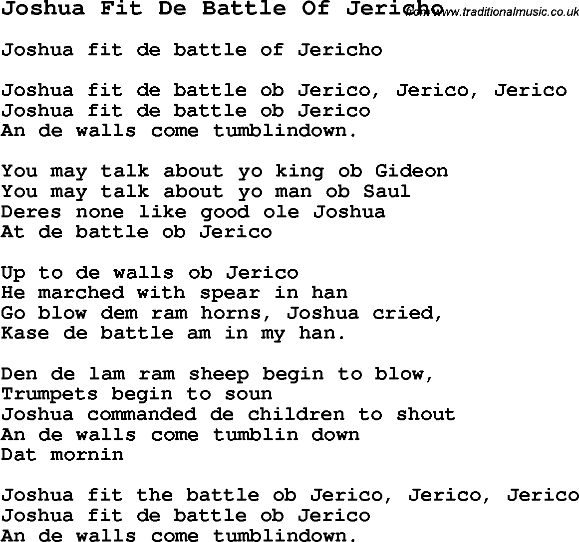 Negro Spiritual Song Lyrics for Joshua Fit De Battle Of Jericho