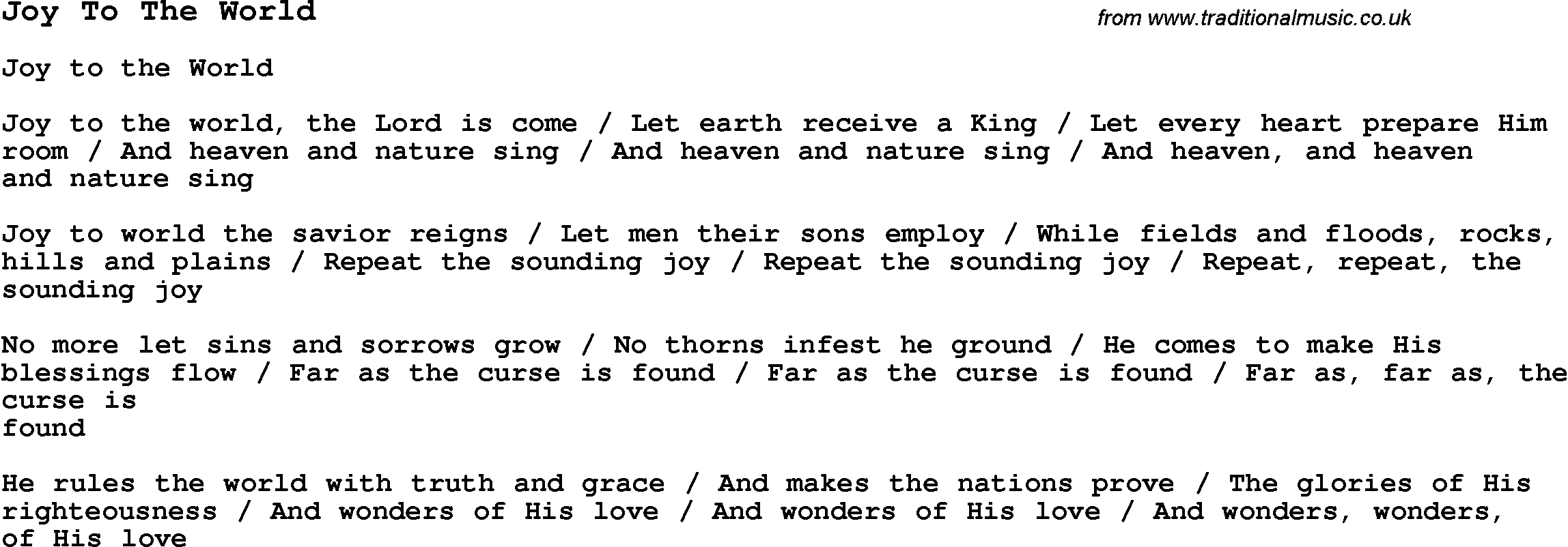 Negro Spiritual Song Lyrics for Joy To The World