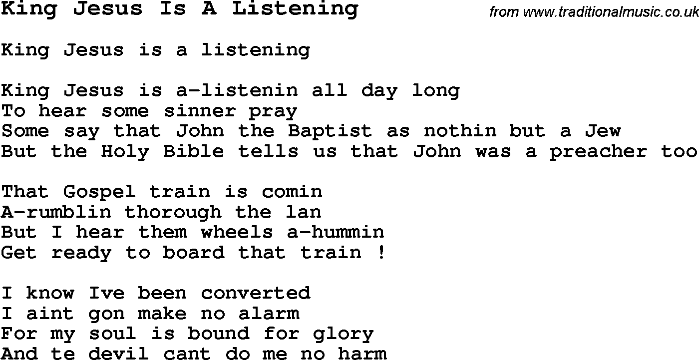 Negro Spiritual Song Lyrics for King Jesus Is A Listening