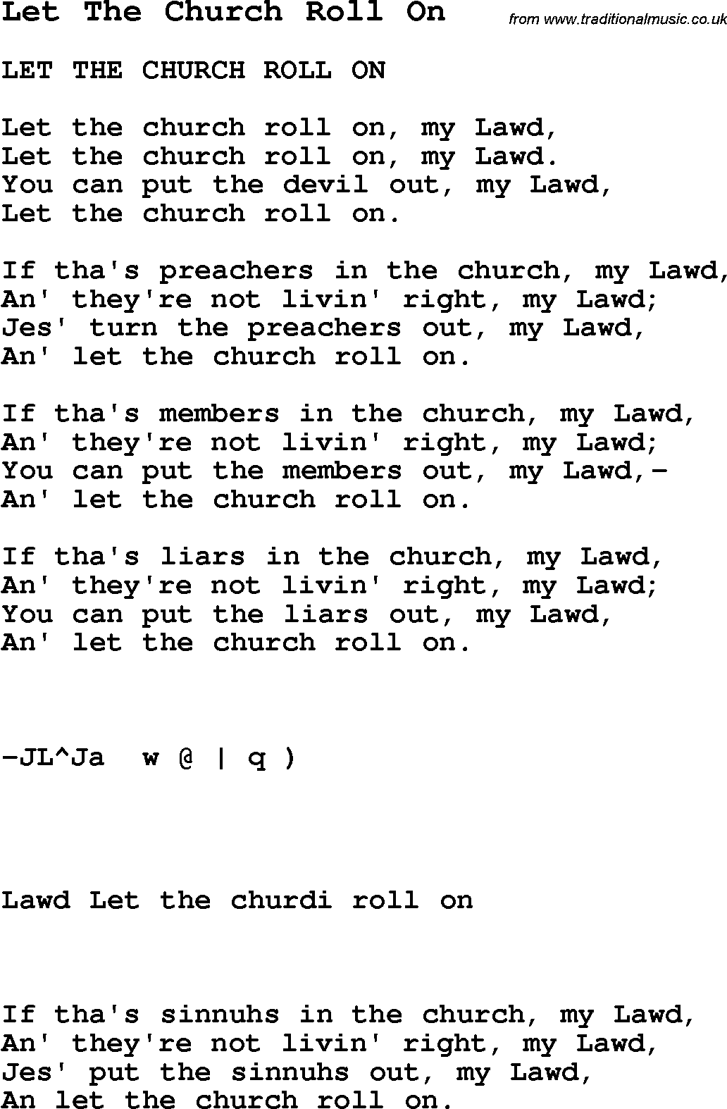 Negro Spiritual Song Lyrics for Let The Church Roll On