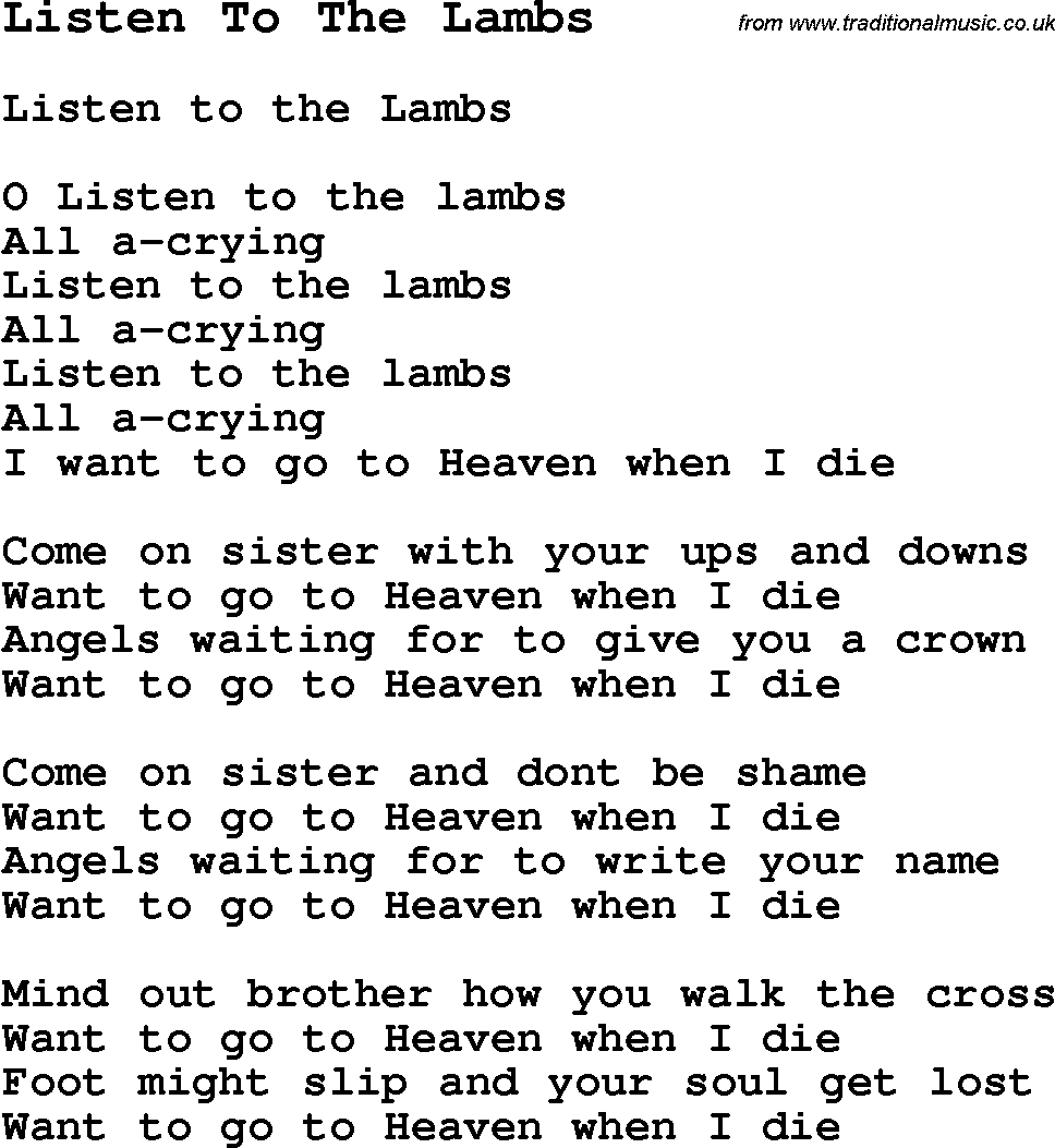Negro Spiritual Song Lyrics for Listen To The Lambs