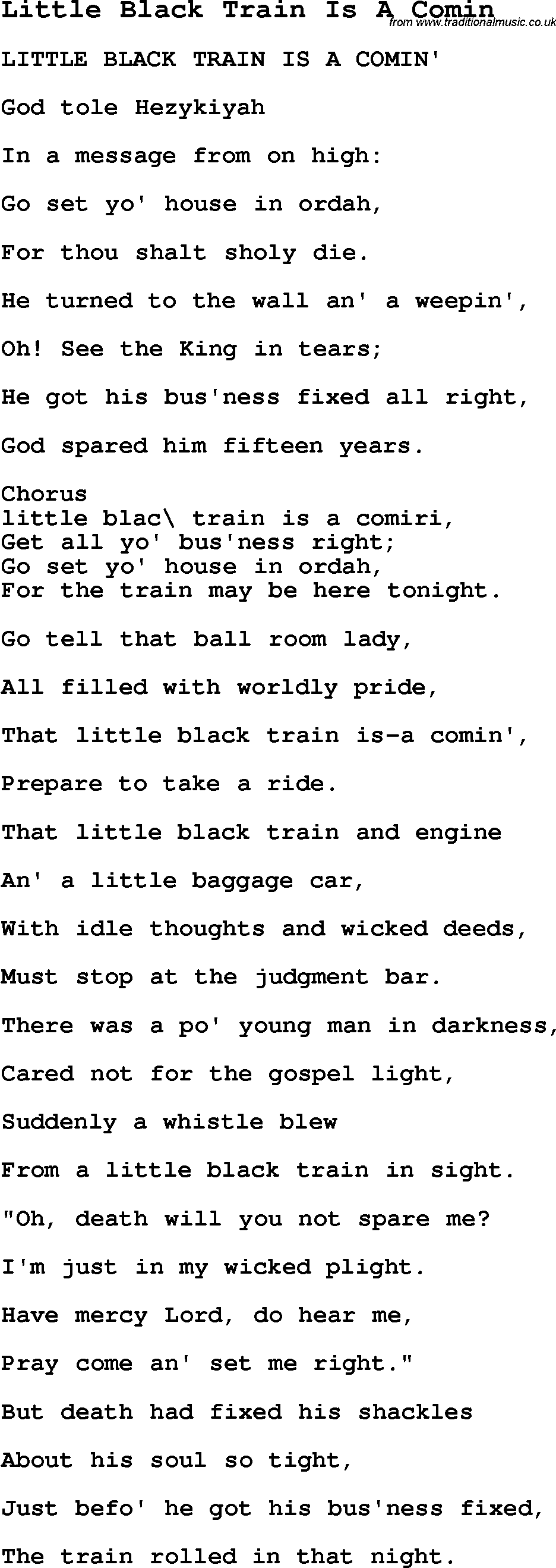 Negro Spiritual Song Lyrics for Little Black Train Is A Comin