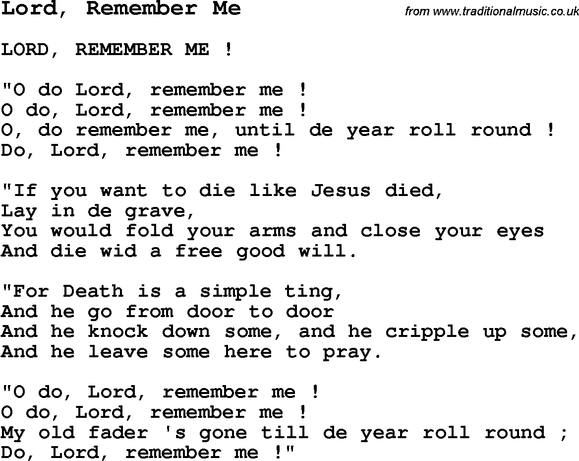 Negro Spiritual Song Lyrics for Lord, Remember Me