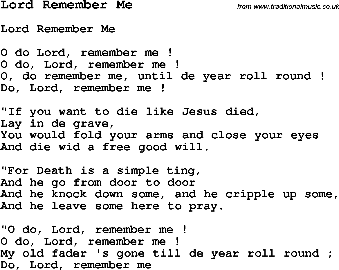 Negro Spiritual Song Lyrics for Lord Remember Me