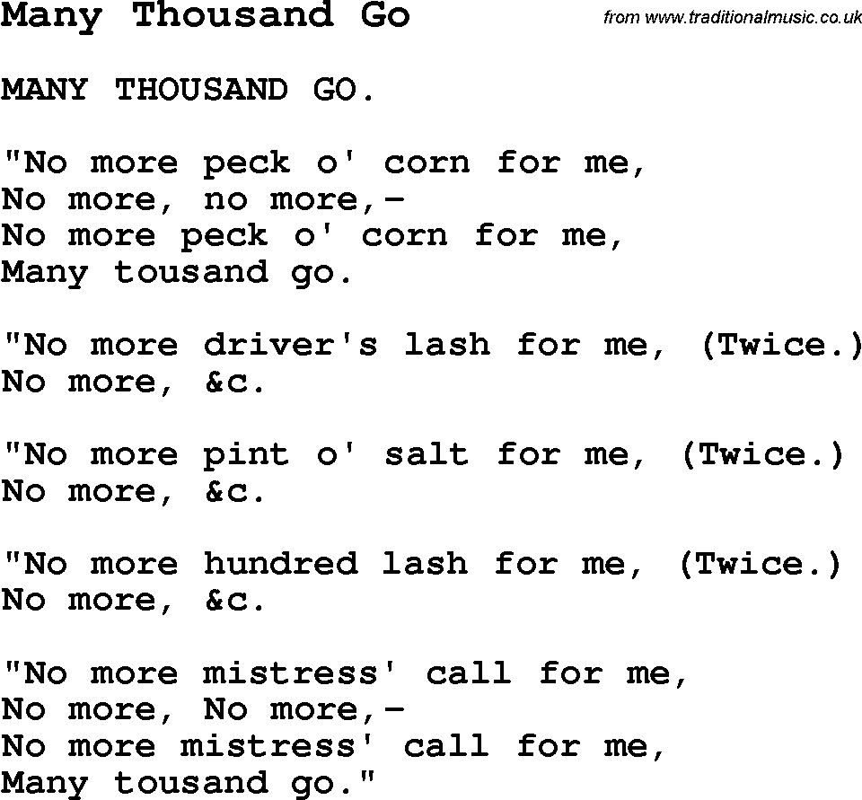 Negro Spiritual Song Lyrics for Many Thousand Go