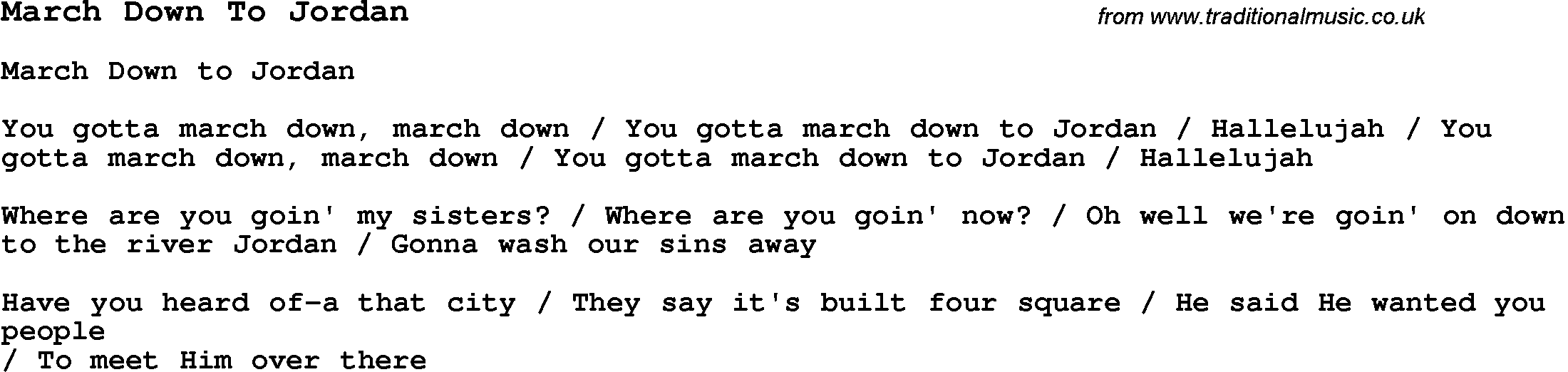 Negro Spiritual Song Lyrics for March Down To Jordan