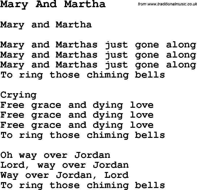 Negro Spiritual Song Lyrics for Mary And Martha