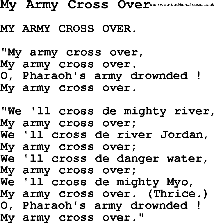 Negro Spiritual Song Lyrics for My Army Cross Over