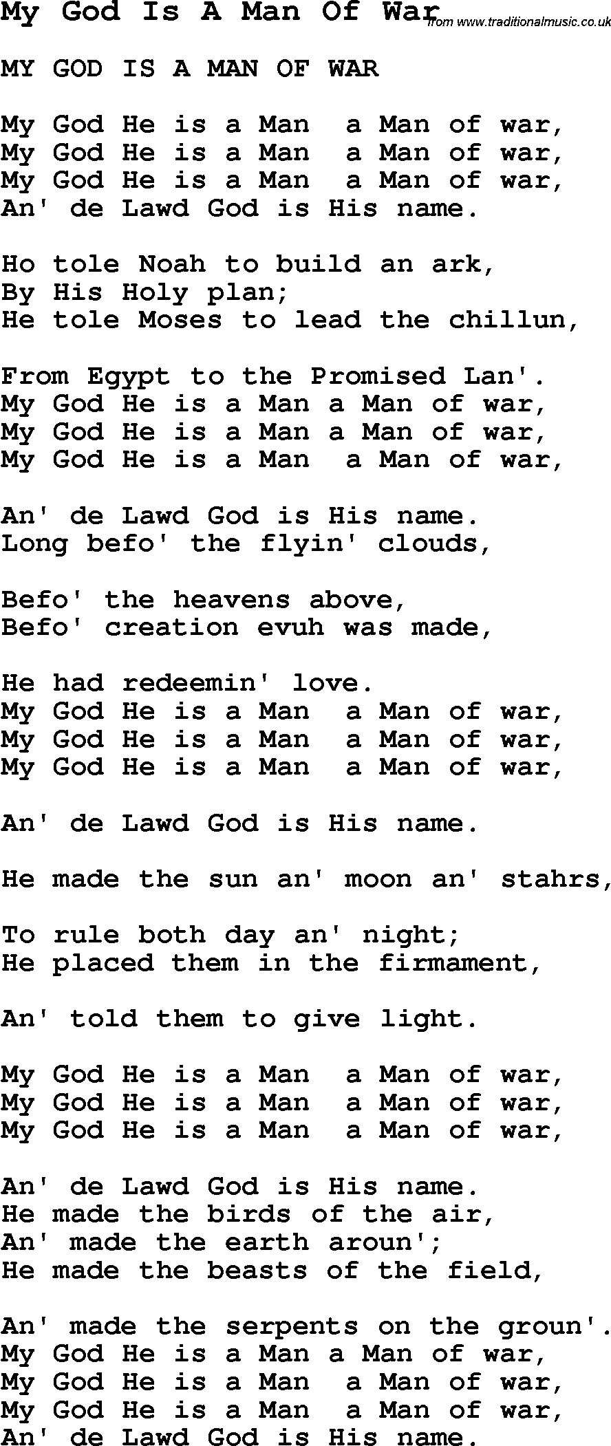 Negro Spiritual Song Lyrics for My God Is A Man Of War