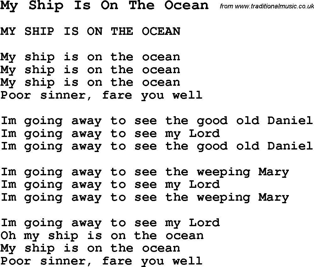 Negro Spiritual Song Lyrics for My Ship Is On The Ocean