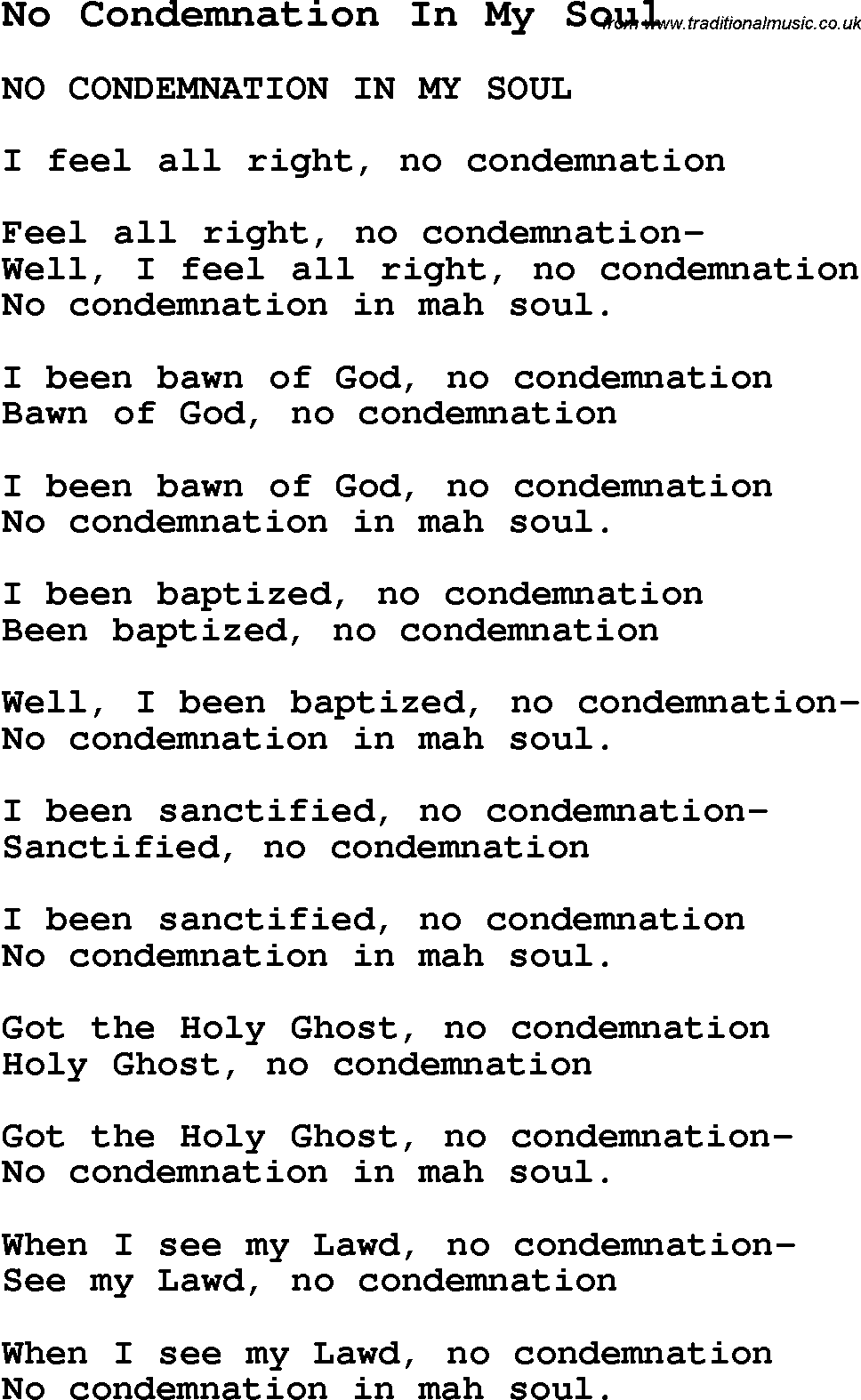 Negro Spiritual Song Lyrics for No Condemnation In My Soul