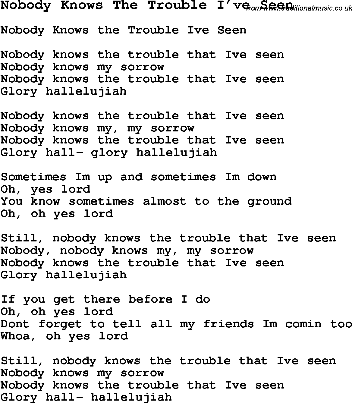 Negro Spiritual Song Lyrics for Nobody Knows The Trouble I've Seen