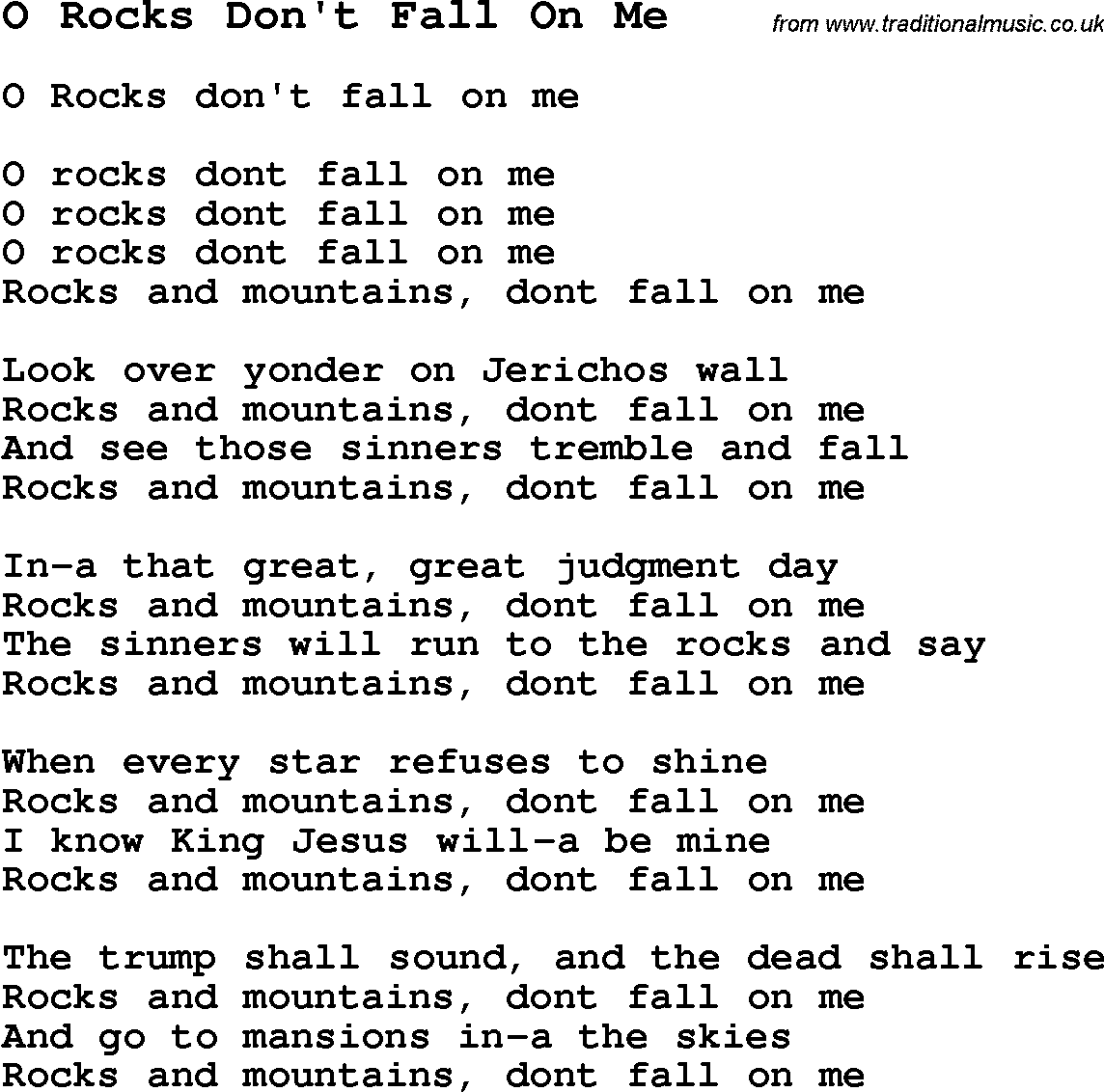Negro Spiritual Song Lyrics for O Rocks Don't Fall On Me