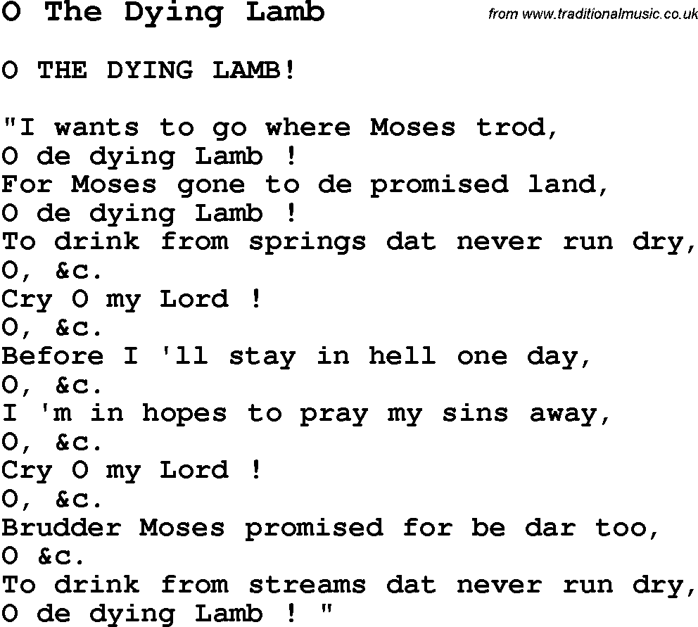 Negro Spiritual Song Lyrics for O The Dying Lamb
