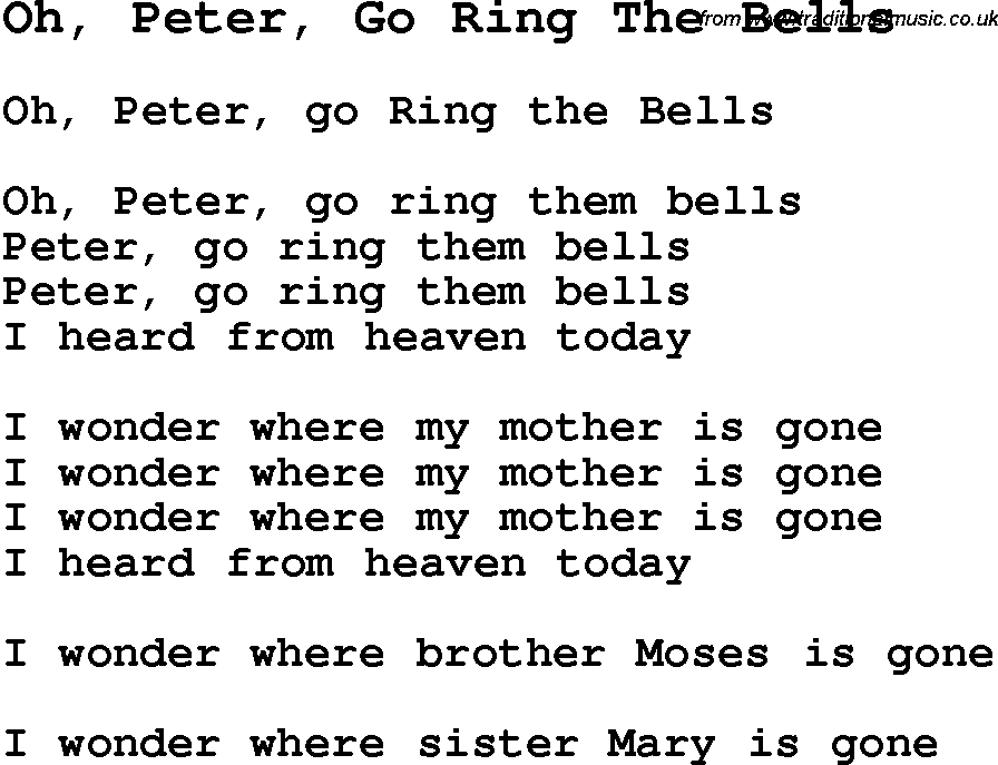 Negro Spiritual Song Lyrics for Oh, Peter, Go Ring The Bells