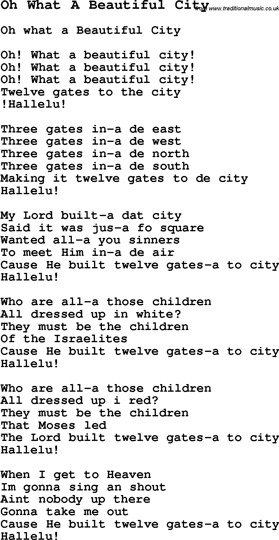 Negro Spiritual Song Lyrics for Oh What A Beautiful City
