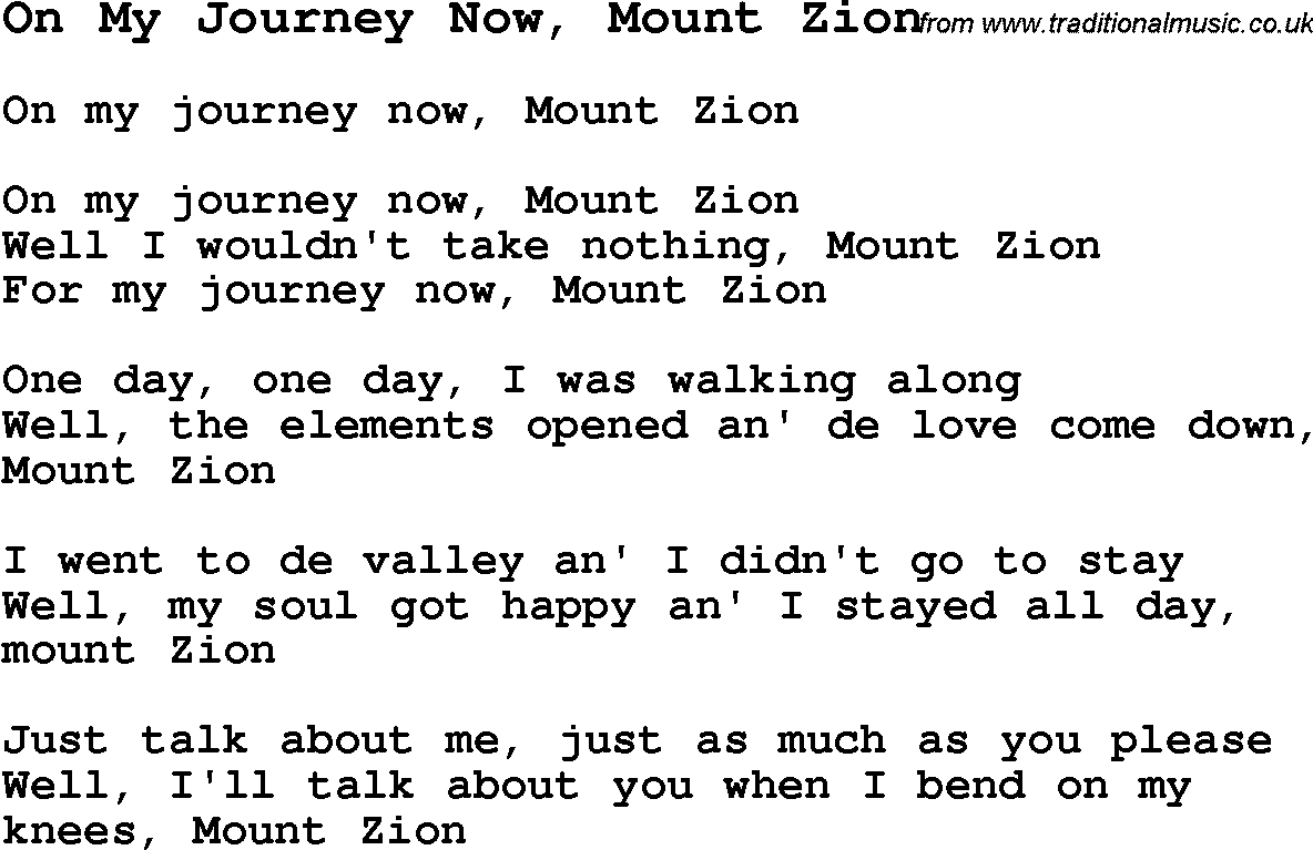 Negro Spiritual Song Lyrics for On My Journey Now, Mount Zion