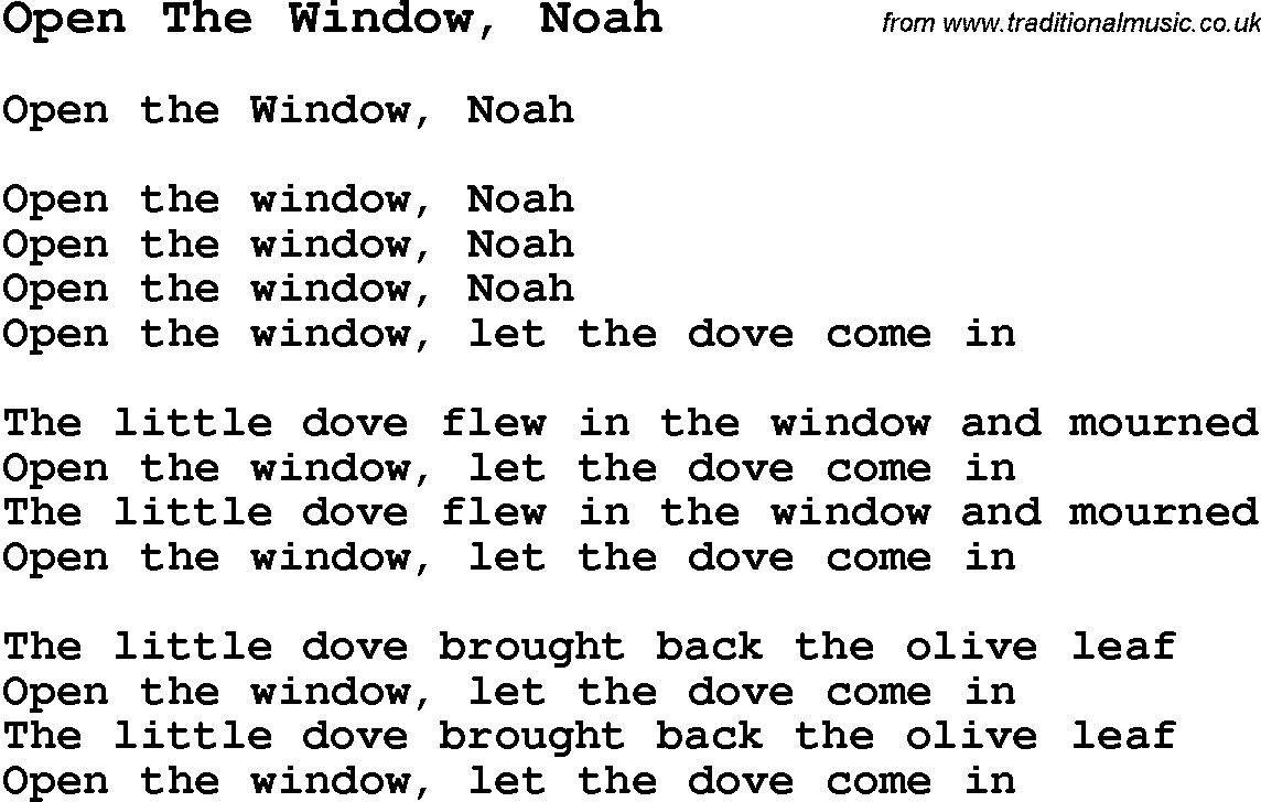 Negro Spiritual Song Lyrics for Open The Window, Noah