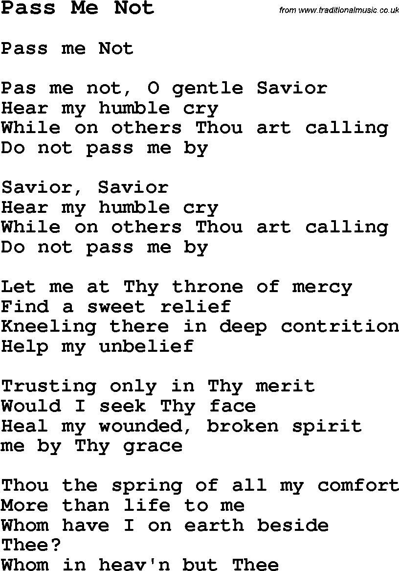 Negro Spiritual Song Lyrics for Pass Me Not