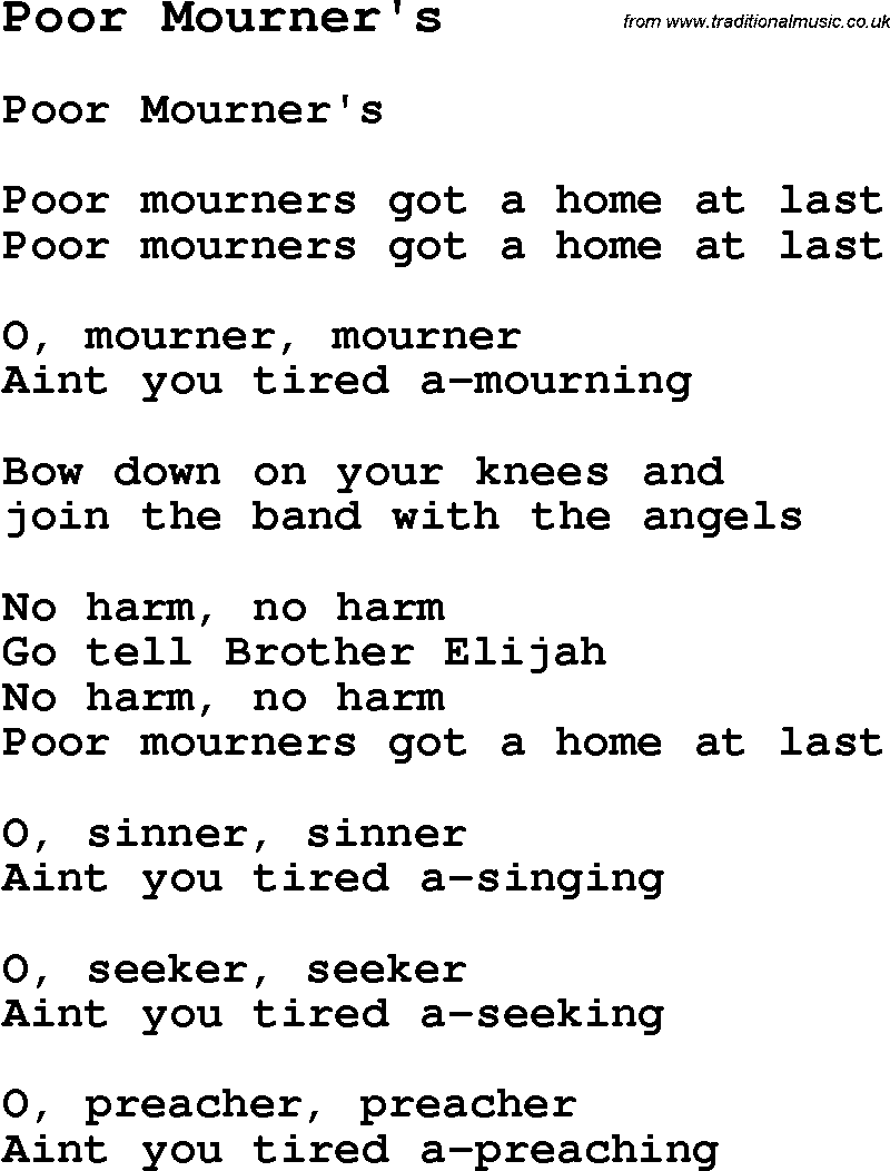 Negro Spiritual Song Lyrics for Poor Mourner's