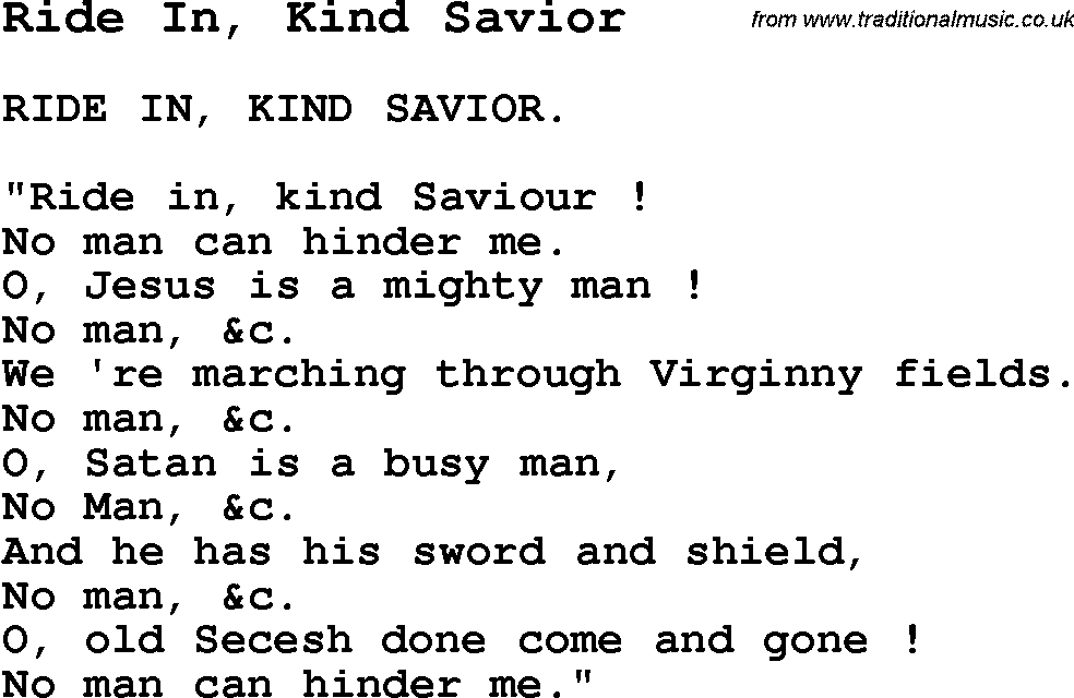 Negro Spiritual Song Lyrics for Ride In, Kind Savior