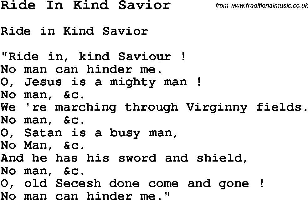 Negro Spiritual Song Lyrics for Ride In Kind Savior