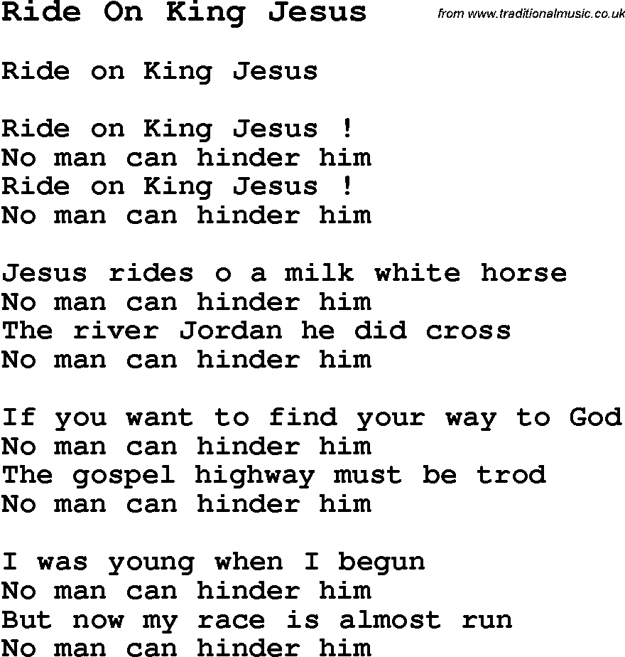 Negro Spiritual Song Lyrics for Ride On King Jesus