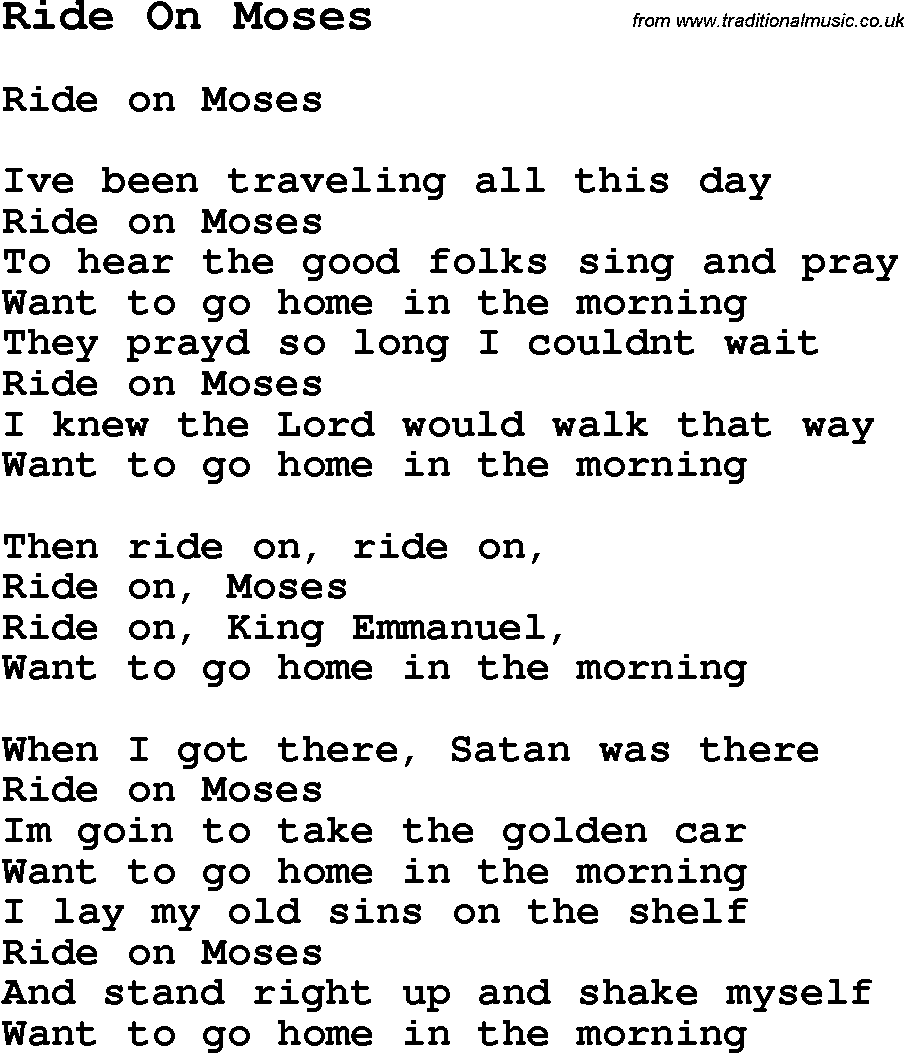 Negro Spiritual Song Lyrics for Ride On Moses
