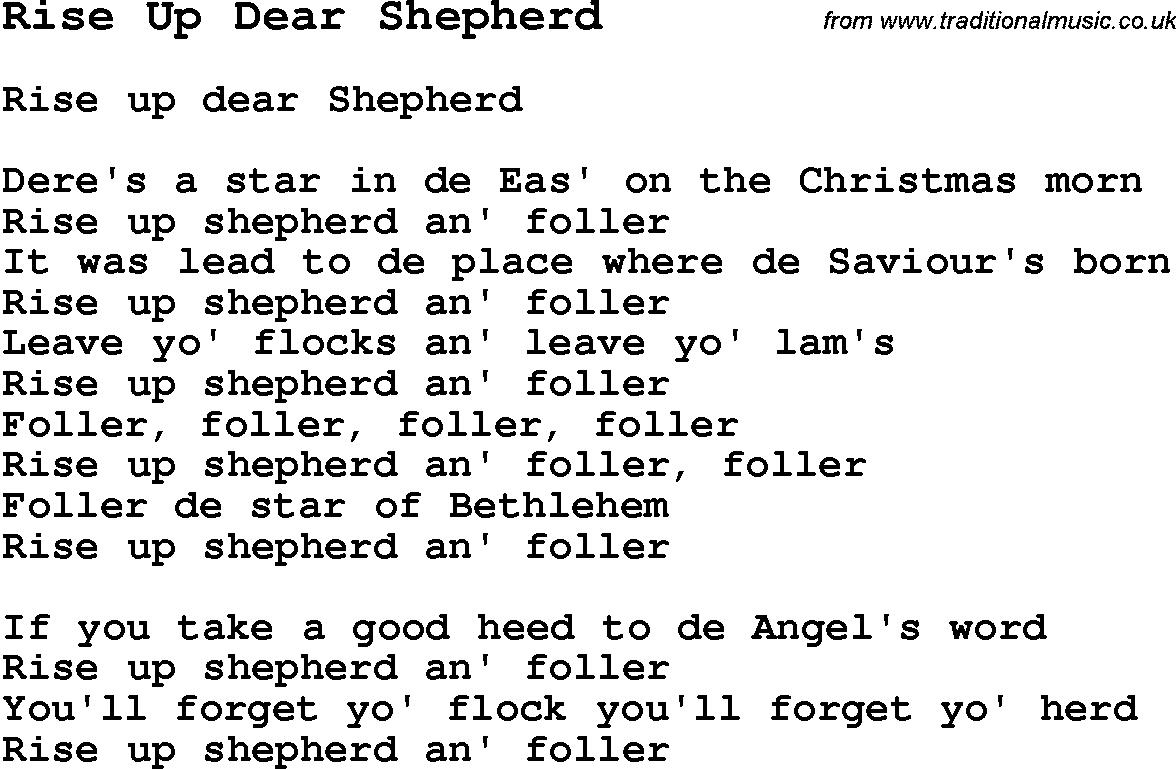 Negro Spiritual Song Lyrics for Rise Up Dear Shepherd