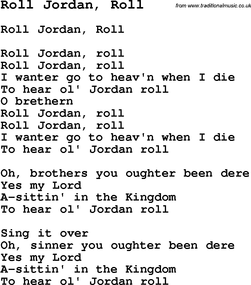 Negro Spiritual Song Lyrics for Roll Jordan, Roll