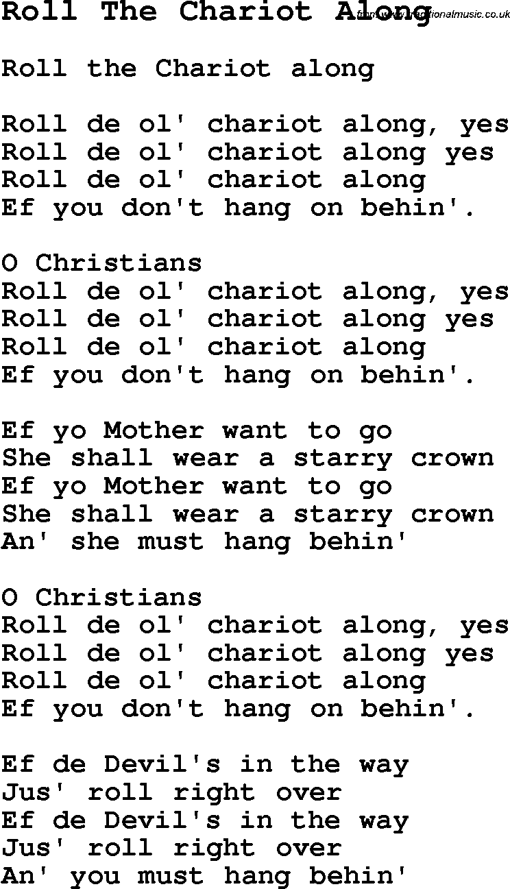 Negro Spiritual Song Lyrics for Roll The Chariot Along