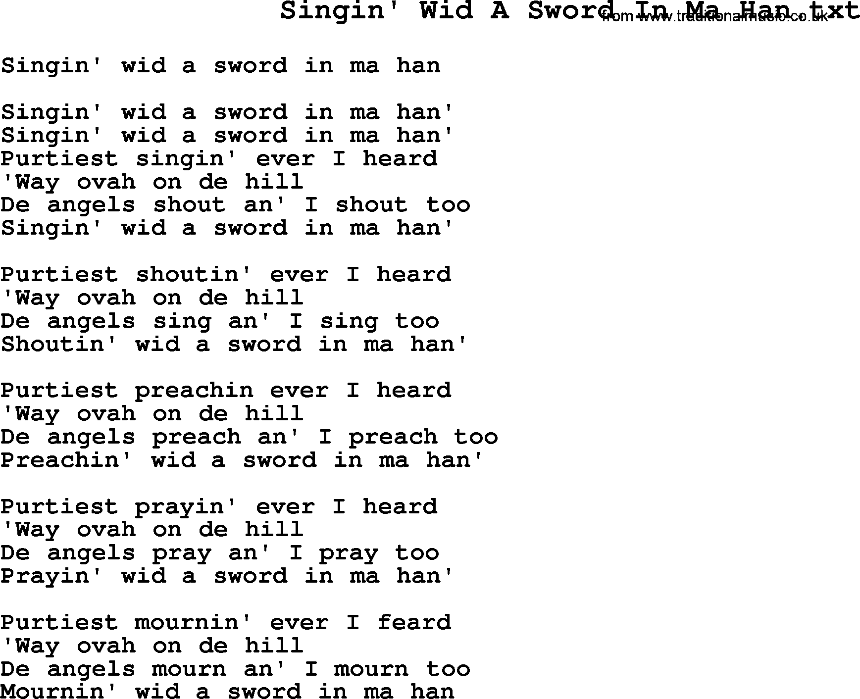 Negro Spiritual Song Lyrics for Singin' Wid A Sword In Ma Han