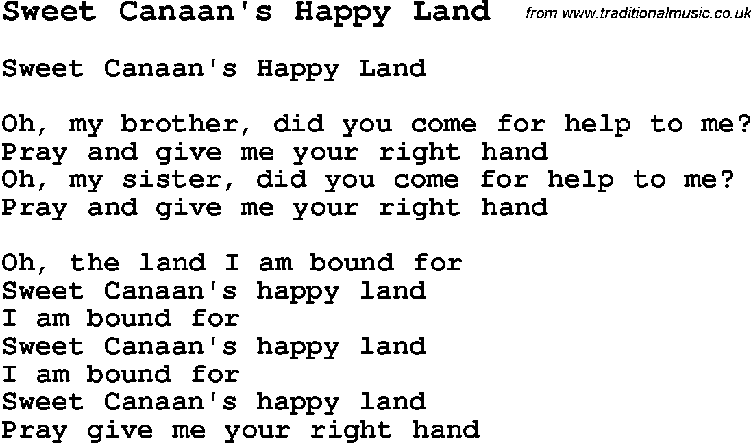 Negro Spiritual Song Lyrics for Sweet Canaan's Happy Land