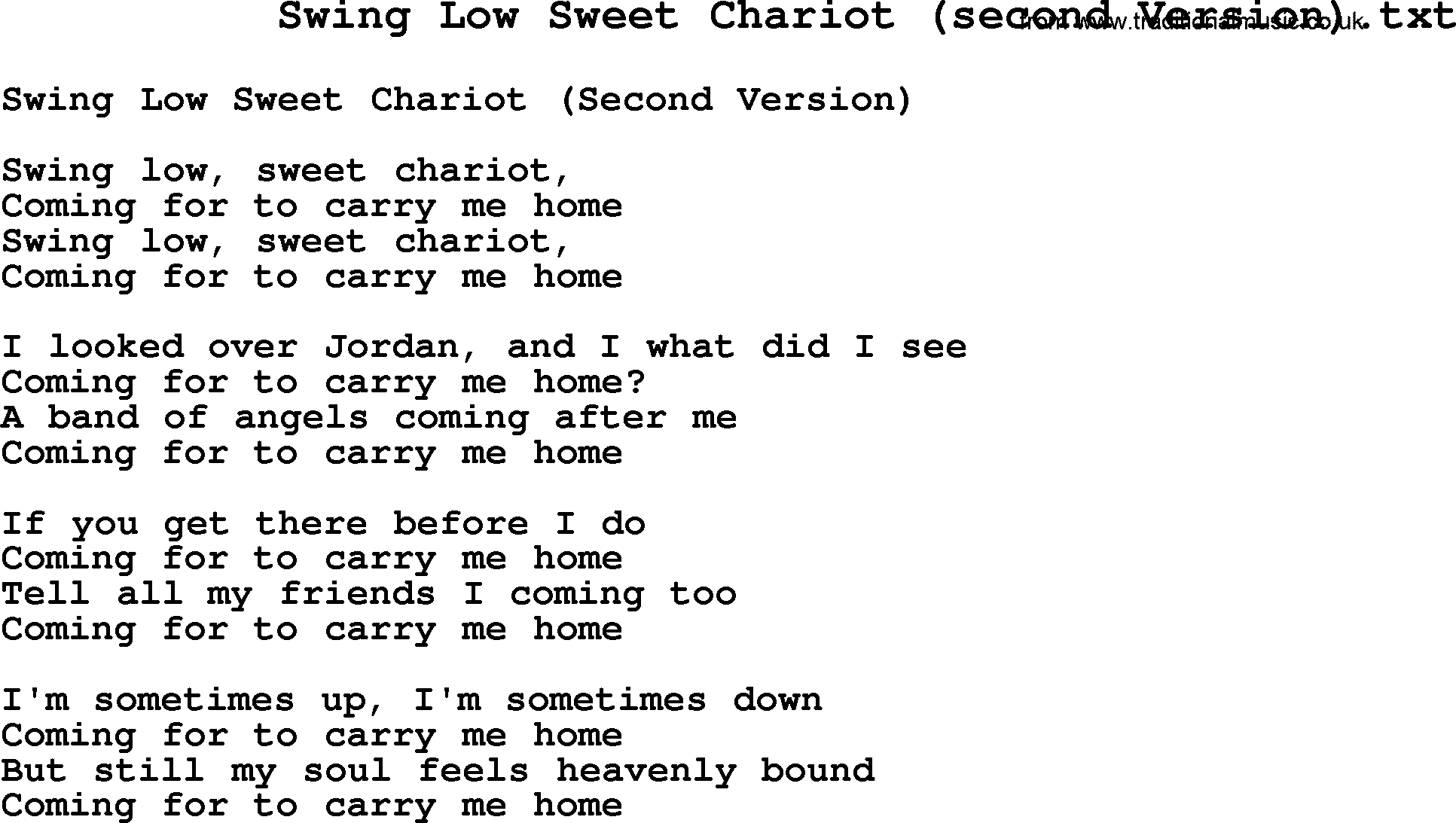 Negro Spiritual Song Lyrics for Swing Low Sweet Chariot(2)