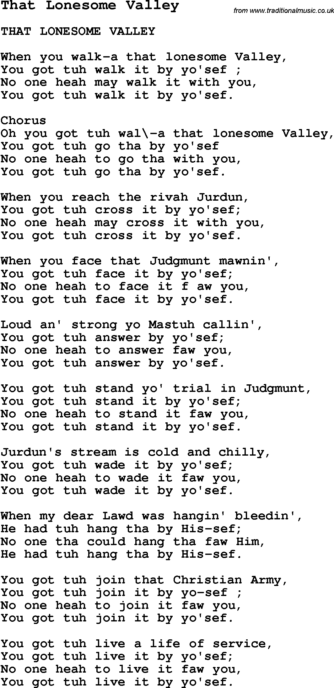 Negro Spiritual Song Lyrics for That Lonesome Valley