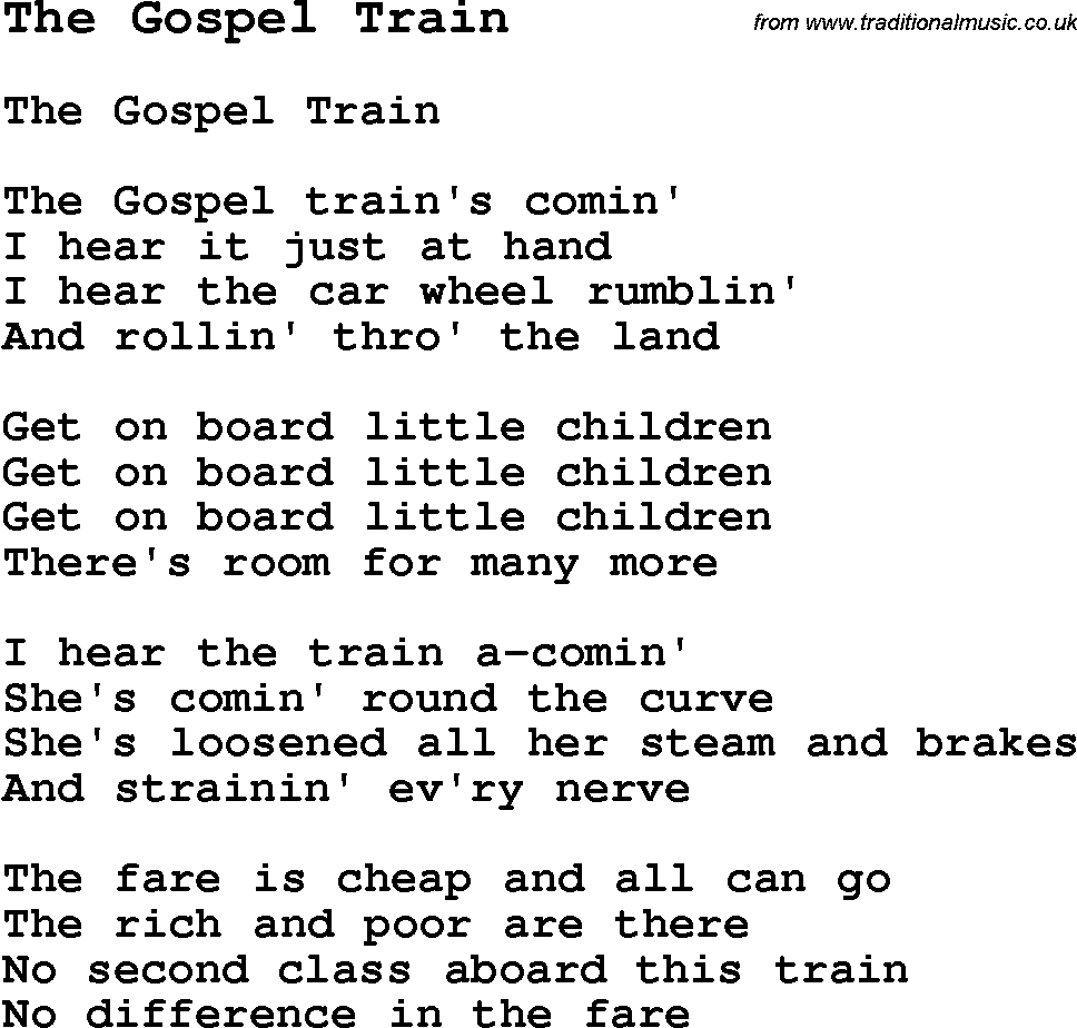Negro Spiritual Song Lyrics for The Gospel Train