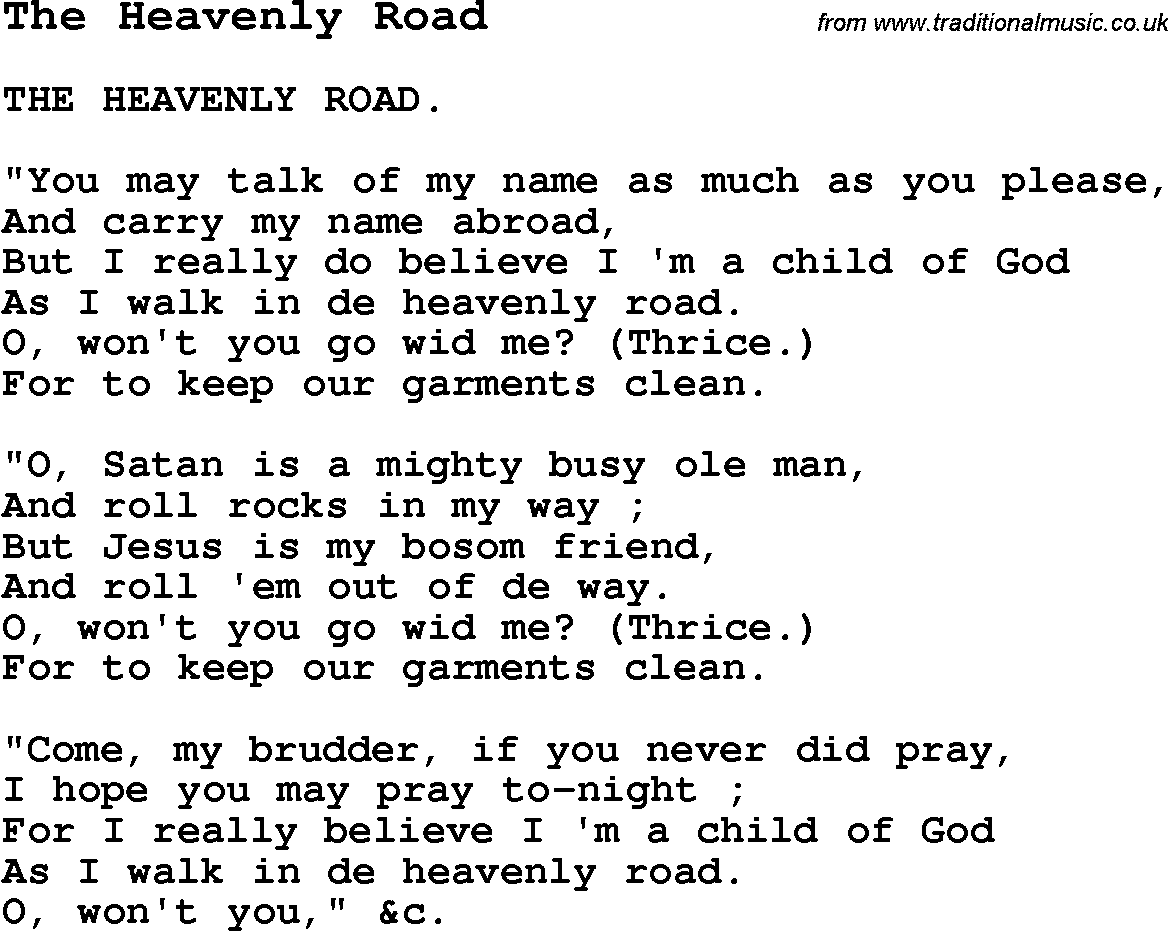 Negro Spiritual Song Lyrics for The Heavenly Road