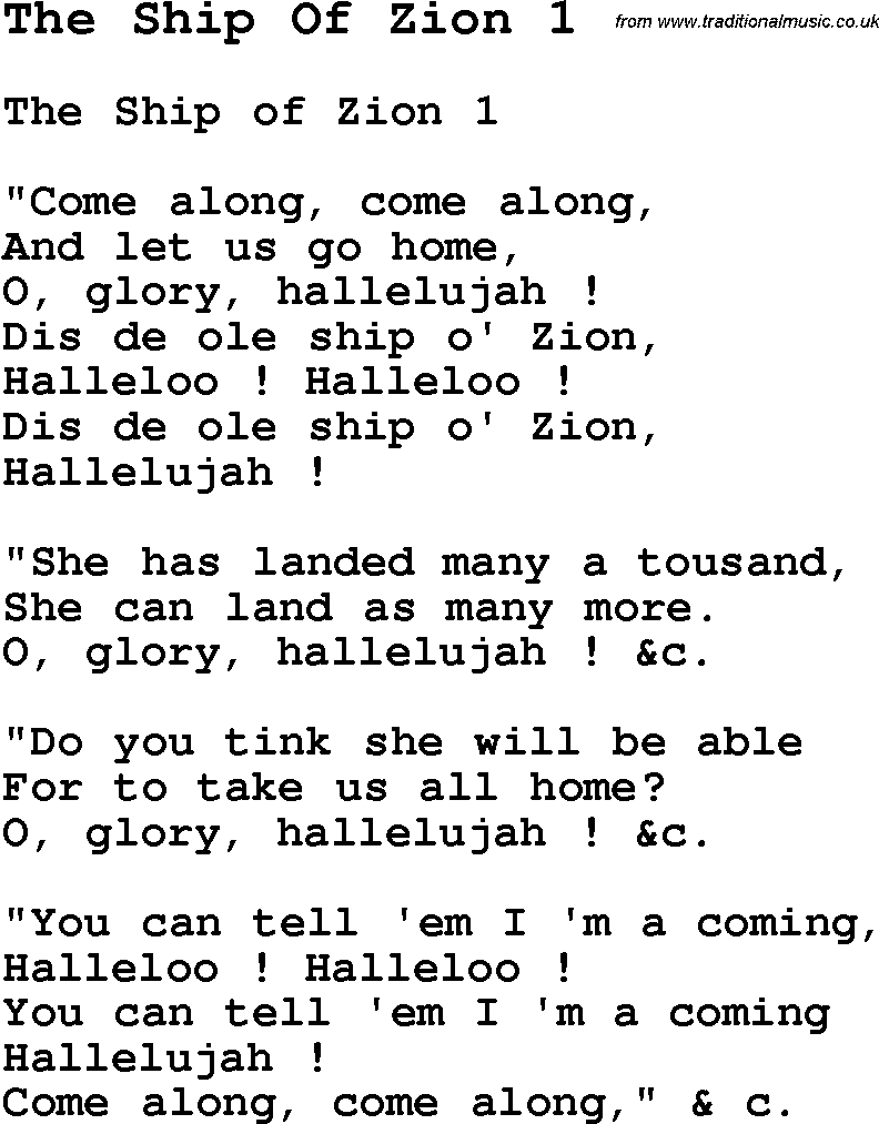 Negro Spiritual Song Lyrics for The Ship Of Zion 1