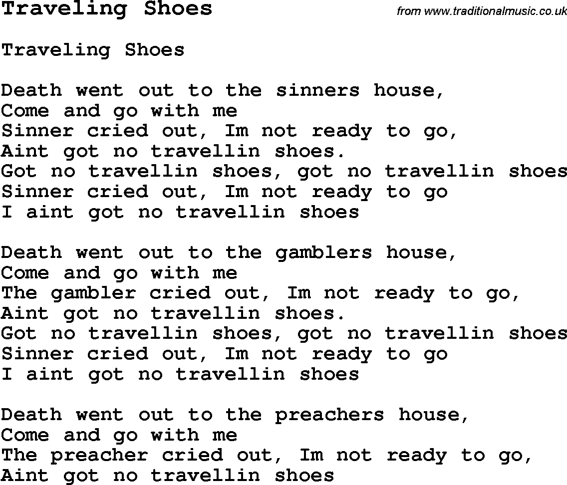 Negro Spiritual Song Lyrics for Traveling Shoes