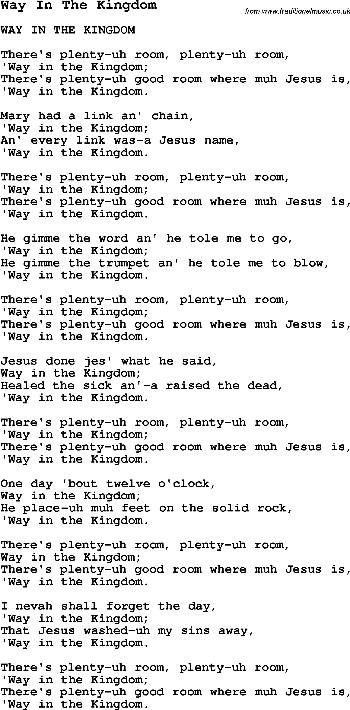 Negro Spiritual Song Lyrics for Way In The Kingdom