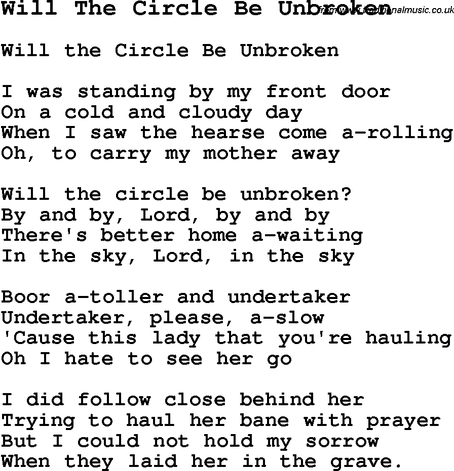 Negro Spiritual Song Lyrics for Will The Circle Be Unbroken